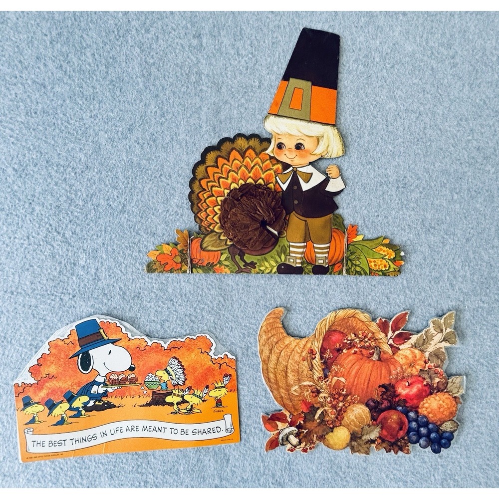 Vintage Thanksgiving Die Cuts Hallmark Lot Of 3 - Peanuts Snoopy Cornucopia